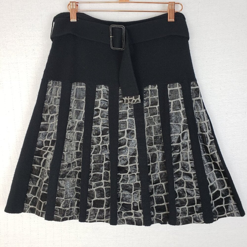 Etcetera Merino Wool Linen Skirt Pleated A-line Crocodile Print Size S Belted